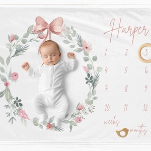 Manta personalizada para hitos de niña, manta para hitos de niña, tapete para hitos mensuales, manta mensual para niña, manta personalizada para bebé