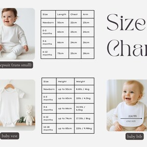 The image is a size chart for baby clothing, including a baby sleepsuit, a baby vest, and a baby bib.