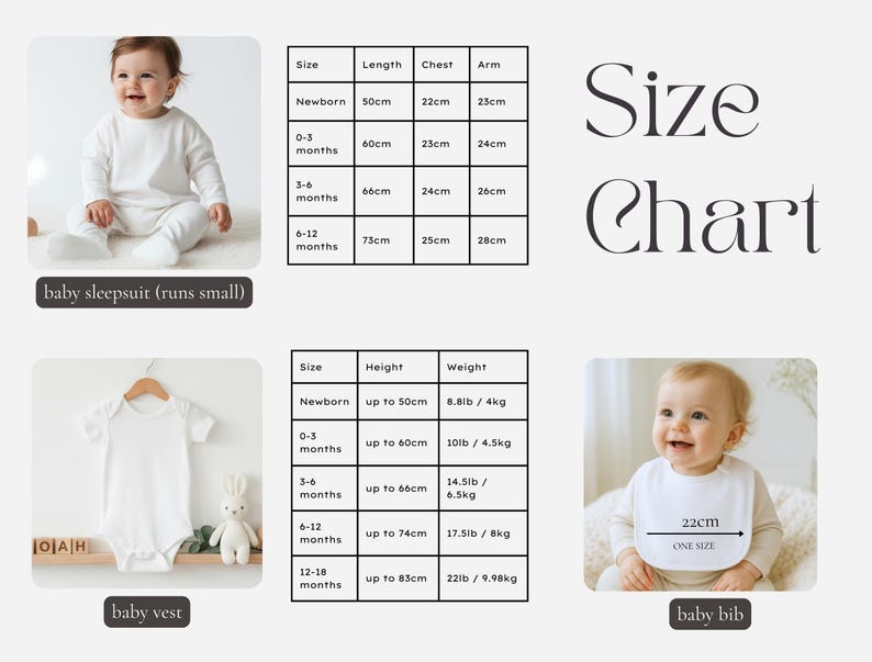 The image is a size chart for baby clothing, including a baby sleepsuit, a baby vest, and a baby bib.