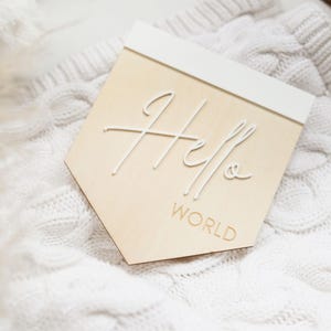 Newborn Announcement Hello World Sign, New Baby Announcement Wooden Disc, Flag Acyclic Wooden Sign, Hello World Baby Boy Gift