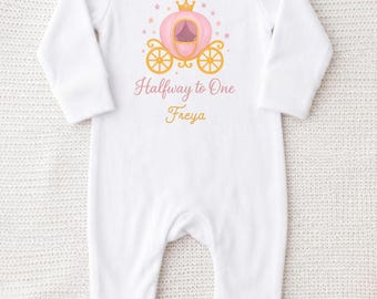 Personalised Half Way To One Baby Grow: Girl's Six Month Princess Birthday Outfit
