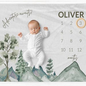 Manta de hitos con nombre para bebé, regalo de baby shower con foto de hitos mensuales para bebé, manta personalizada para el mes del bebé, personalizada