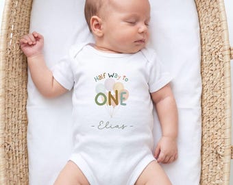 Personalised Half Birthday Baby Grow: Six Month Milestone Balloon Bodysuit