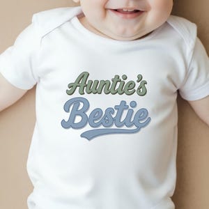 Auntie&#39;s Bestie Baby Grow, Auntie Is My Bestie, Groovy Aunt Bestie Gift, Custom Nephew Baby Clothes, Retro Aunt Best Friend Babygrow