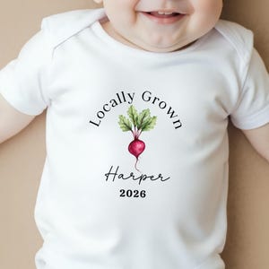 Locally Grown Baby Bodysuit Personalised, Home Grown Baby Gift Keepsake, Organic Vegan Vest, Home Grown Vegetable Baby Grow for Newborns
