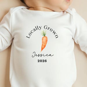 Locally Grown Baby Bodysuit, Farmer New Baby Gift, Organic Vegan Newborn Vest, Homegrown Carrot Farming Babygrow, New to The Farm Baby Grow