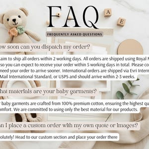 a collection of frequently asked questions and answers related to the shipping and ordering process for a company that specializes in baby garments. The questions cover topics such as order arrival, international shipping, materials, and placing custom orders.