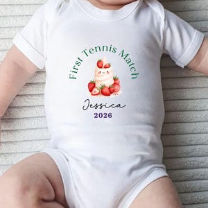 Personalised Baby Gift, My First Tennis Match Picnic Outfit, Custom Tennis Bodysuit, Tennis Picnic Gift, Strawberries & Cream Babygrow