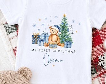 My First Christmas Boy Personalised Baby Grow, Toddler Festive T Shirt, Custom Babygrow Xmas Gift, First Christmas Boy Outfit