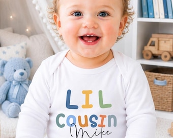 Little Cousin T-Shirt, Personalised Cousin Crew Matching Shirts, Baby Name Bodysuit, New Cousin Gift, Boys’ Cousin Top