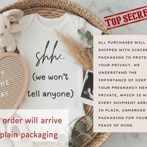 a baby outfit, a stuffed animal, and some text, along with a basket and some plants. The text appears to be a warning or cautionary message about the privacy of the baby's pregnancy news.