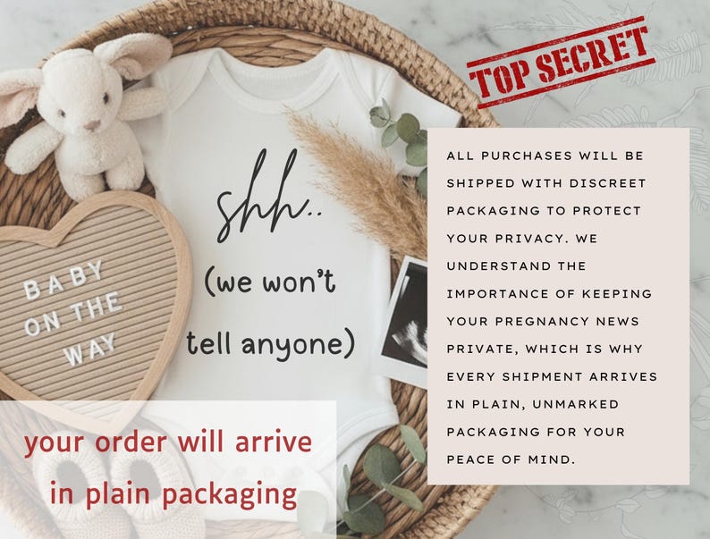 a baby outfit, a stuffed animal, and some text, along with a basket and some plants. The text appears to be a warning or cautionary message about the privacy of the baby's pregnancy news.