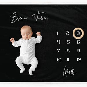 Manta de hitos con nombre para bebé, regalo de baby shower con foto de hitos mensuales para bebé, manta personalizada para el mes del bebé, personalizada