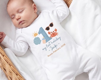 Personalised First Holiday Baby Grow | Custom Name Beach Vacation Shirt | Boy's First Trip Toddler Vest