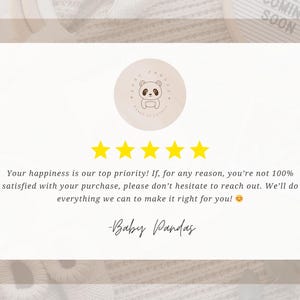 a text box with a rating system, featuring a panda bear logo and a five-star rating. The text box is set against a beige background with a white border.