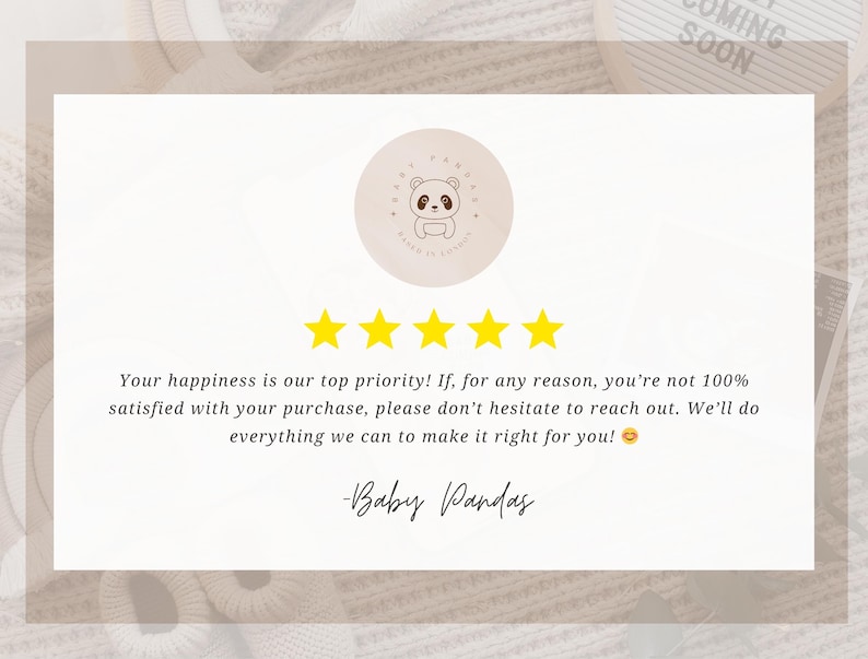 a text box with a rating system, featuring a panda bear logo and a five-star rating. The text box is set against a beige background with a white border.