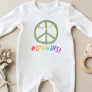 Love Always Wins Bodysuit, Pride Month Baby Gift, Baby Pride Grow, LGBT Baby Clothes, Retro Peace Sign Baby Outfit, Love Babygrow