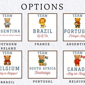six different team logos, each representing a different country or team. The logos feature various animals and sports equipment, such as a lion, a soccer ball, and a flag. The logos are arranged in a grid format, with each row representing a different country or team, and each column representing a different logo. The text accompanying the logos is in different languages, indicating the countries or teams represented by each logo.