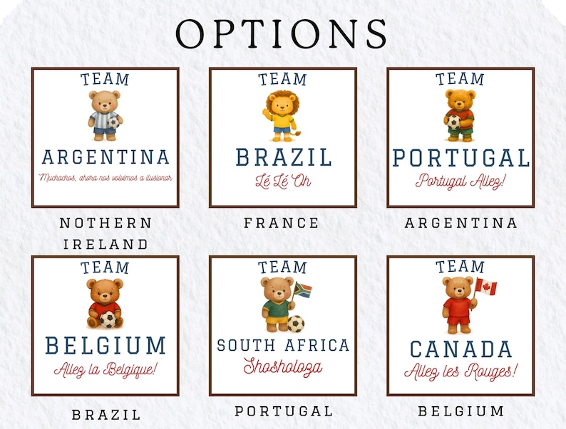 six different team logos, each representing a different country or team. The logos feature various animals and sports equipment, such as a lion, a soccer ball, and a flag. The logos are arranged in a grid format, with each row representing a different country or team, and each column representing a different logo. The text accompanying the logos is in different languages, indicating the countries or teams represented by each logo.