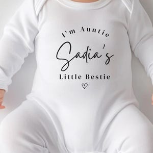 Auntie&#39;s Little Bestie Baby Grow, Personalised New Auntie Babygrow, Auntie&#39;s Bestie Baby Vest, Custom Pregnancy Announcement Aunty Gift