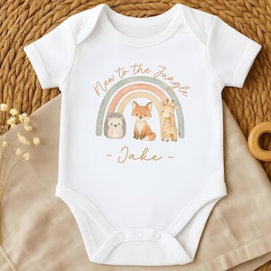 Personalised Jungle Baby Grow, Custom Animal Theme Clothes, Baby&#39;s First Zoo Visit Outfit, Safari Wildlife Babygrow, Rainbow Animal Clothing