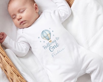 Geburtstags-Outfit | Personalisierte Heißluftballon-Baby wachsen | Halbwegs zu einem Strampler | 6 Monate Meilenstein tragen