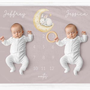 Twin Girls Milestone Blanket Personalised, Rabbit Moon Girls Milestone Mat, Custom Twins Milestone Photo Prop, Baby Monthly Growth Blanket