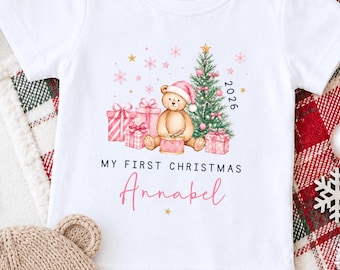 Personalised My First Christmas Girl Baby Grow, Newborn Teddy Bear Romper, Pink Christmas Baby Gift, Custom Newborn Girl Outfit