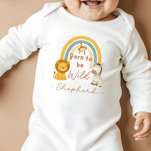 Born To Be Wild Safari Animal Baby Outfit, Jungle Theme Baby Clothes, Personalised Newborn Coming Soon Babygrow, Infant Zoo Visit Attire
