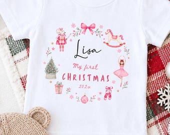 Personalised My First Christmas Girl Baby Grow, Pink Nutcracker Ballerina Babygrow, Ballerina Kids Holiday Romper, Pink Christmas Gift