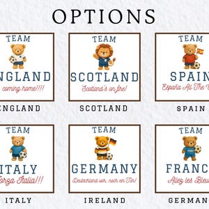 six different team logos, each representing a different country. The logos feature a teddy bear, a lion, and a soccer ball, along with text that says "Team" and "It's coming home!!!" The logos are arranged in a grid format, with each row representing a different country and each column representing a different team.