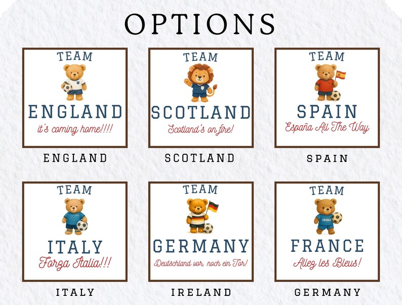 six different team logos, each representing a different country. The logos feature a teddy bear, a lion, and a soccer ball, along with text that says "Team" and "It's coming home!!!" The logos are arranged in a grid format, with each row representing a different country and each column representing a different team.