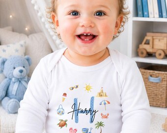 Personalised My First Holiday Baby Grow For Boys, Baby Travel Outfit, Boys Beach Romper, Toddler Summer Travel Shirt
