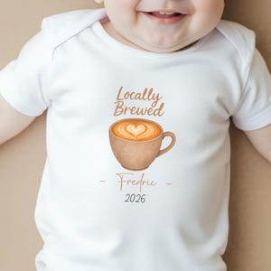 Locally Brewed Baby Grow, Custom Barista Baby Vest, Personalised Coffee Latte Flat Cappuccino Baby Bodysuit, Home Brewed Cafe Babygrow
