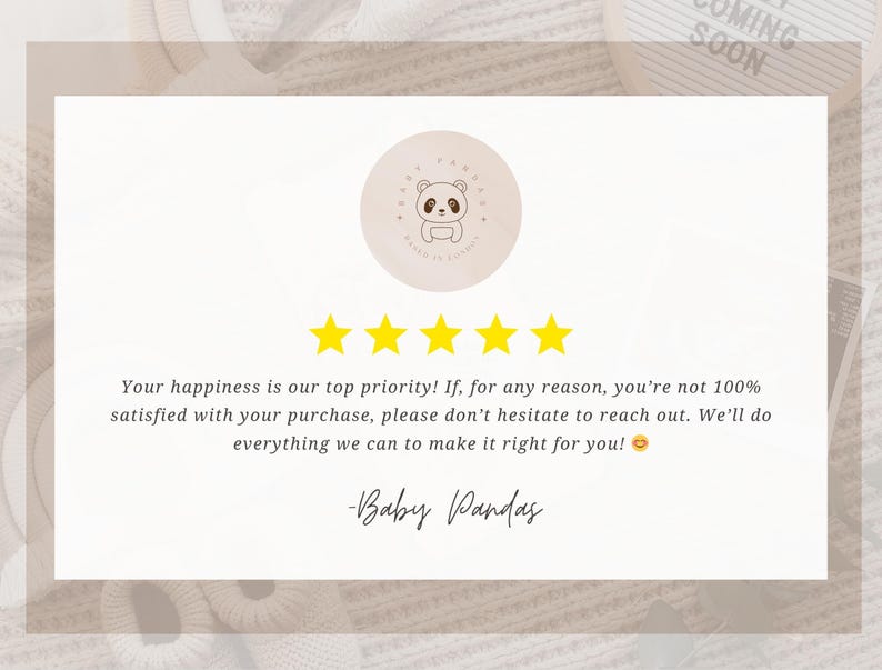 a text box with a rating system, featuring a panda bear logo and a five-star rating. The text box is set against a beige background with a white border.