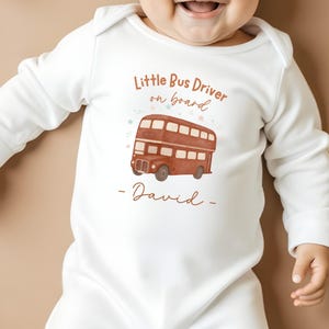 Double-Decker Bus Baby Grow Personalised, Playful Little Bus Driver Outfit, Custom Baby Name Clothes, London Red Bus Outfit for Infants