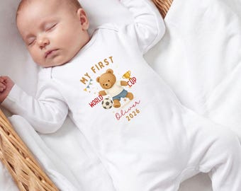 My First World Cup 2026 Baby Romper: Personalised Football Bear Baby Grow, Custom Name Newborn Outfit