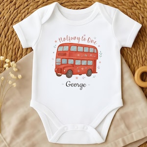 Red Double-Decker Bus Baby Grow, Personalised London Bus Baby Clothes, British Red Bus Infant Outfit, Custom Half-Birthday Celebration Vest