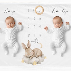Manta personalizada para gemelos, manta para niñas, regalo para baby shower, regalo personalizado con nombre de bebé, tapete de hitos con conejito.