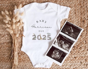 Personalised Baby Due 2026 Baby Grow, Custom Pregnancy Reveal Vest, Babygrow for Pregnancy Announcement, Baby Boy Announcement Vest, Safari