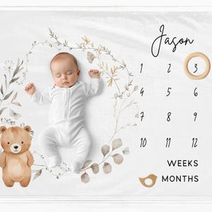 Personalised Woodland Milestone Blanket, Milestone Blanket for Boy, Monthly Milestone Mat, Girl Monthly Blanket, Custom Baby Month Blanket