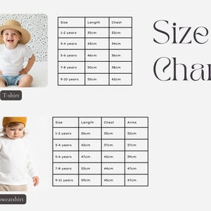The image is a collage of two photos: one showing a young child in a white t-shirt and hat, and the other showing a young child in a white t-shirt and hat. The collage includes size chart information for different age groups, such as 1-2 years, 3-4 years, 5-6 years, and 7-8 years, along with the corresponding chest, length, and arms measurements.