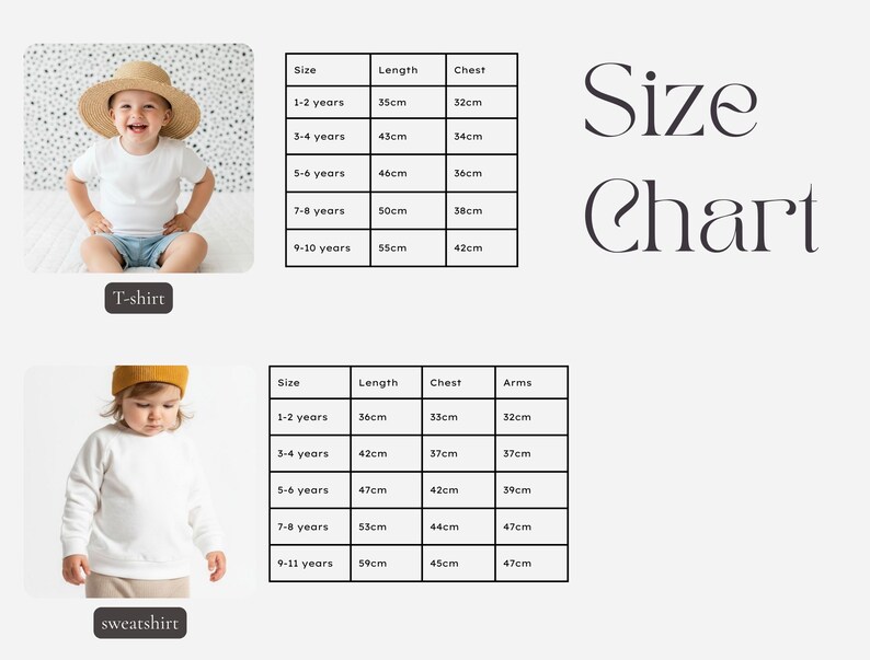 The image is a collage of two photos: one showing a young child in a white t-shirt and hat, and the other showing a young child in a white t-shirt and hat. The collage includes size chart information for different age groups, such as 1-2 years, 3-4 years, 5-6 years, and 7-8 years, along with the corresponding chest, length, and arms measurements.