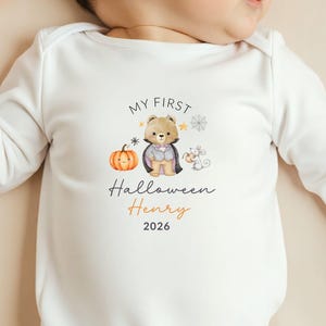 Personalised Boy First Halloween Baby Outfit, Bear Vampire Halloween Newborn Bodysuit, Spooky Season Baby Gift, Baby’s 1st Halloween Costume