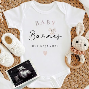 Custom Baby Girl Pregnancy Announcement Bodysuit, Personalised Coming Soon Baby Grow, Baby Girl Due 2026 Babygrow, Cute Bunny Baby Vest