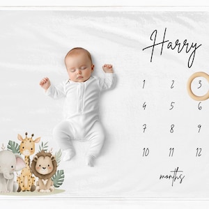 Manta con nombre para bebé, regalo de hitos mensuales para baby shower con foto, manta personalizada para el mes del bebé, tapete personalizado con animales de safari