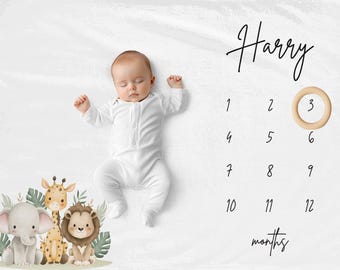 Meilenstein-Decke mit Safari-Tieren: Personalisierte monatliche Baby-Meilensteinmatte