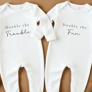 Fun Twins Pregnancy Announcement, Twin Announce Baby Grows, Matching Sibling Baby Clothes, Twin Baby Reveal Baby Clothes, Double The Trouble