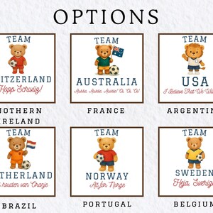 six different team logos, each representing a different country. The logos feature teddy bears holding soccer balls, and each logo is accompanied by a description of the country it represents.