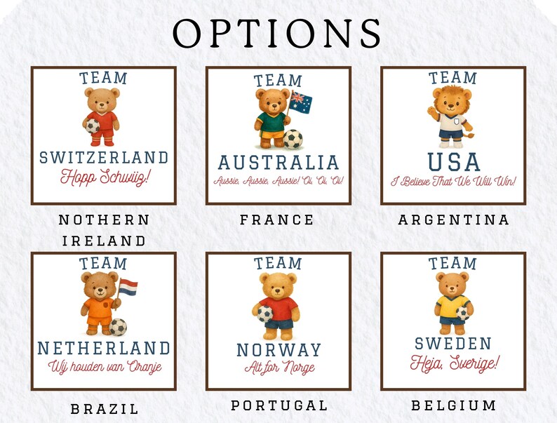 six different team logos, each representing a different country. The logos feature teddy bears holding soccer balls, and each logo is accompanied by a description of the country it represents.
